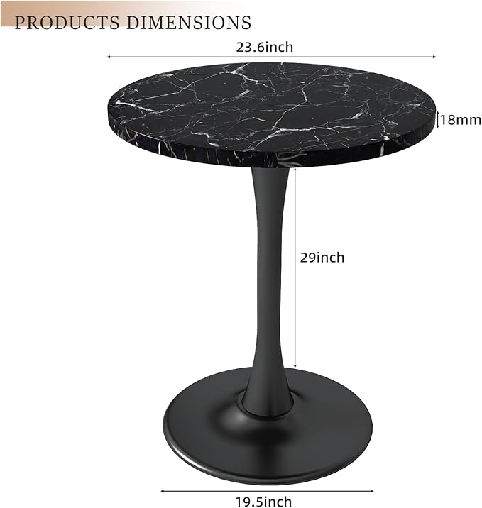 Black Marble Round Dining Table 24" Circle Tulip Table with Thickened Tabletop & Sturdy Metal Pedestal Mid Century Modern Leisure Bistro Kitchen Tables 2 People Small Places Living Room Cafe