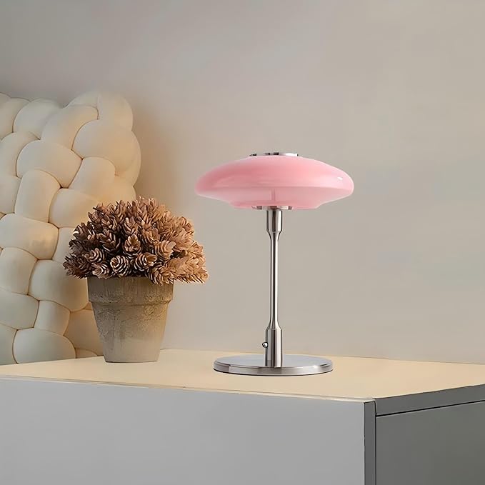 Table Lamp, Metal and Glass Modern Bedside Lamp, Decorative Table Light, Table Lamp for Living Room Bedroom Study Room, 12.6 * 16.5 Inch, Chrome & Pink