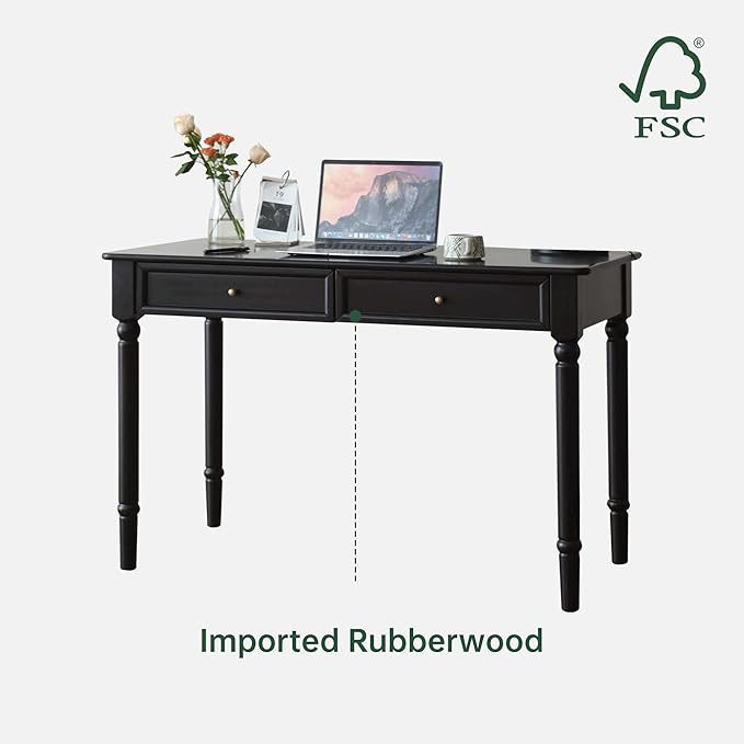 Solid Wood Computer Desk with Double Drawers, Black Vintage Rubber Wood Writing Desk for Home Office 47.2"