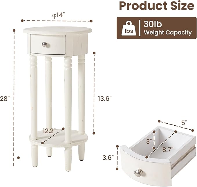 HOMPUS Round End Table with Drawer, Tall end Table with Open Shelf, Farmhouse Rustic Nightstand, Slim Side Table for Small Spaces, Skinny Modern Space-Saving Accent Table for Bedroom, Easily Assembled