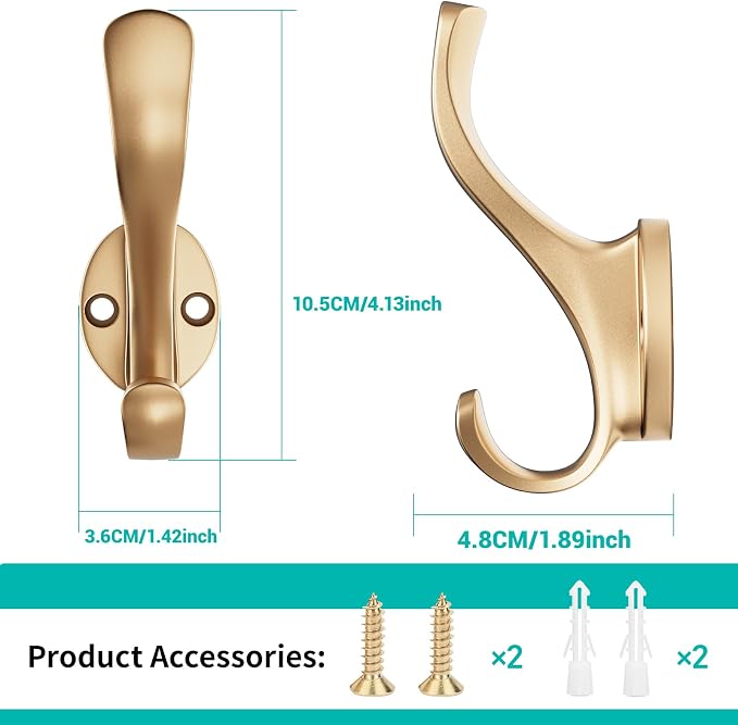 Coat Hooks Heavy Duty - Easy to Install Metal Towel Hooks Fashionable Wall Hooks for Hanging Hat, Towel, Key, Robe, Scarf, Bag, Cap (6 PCS Gold)
