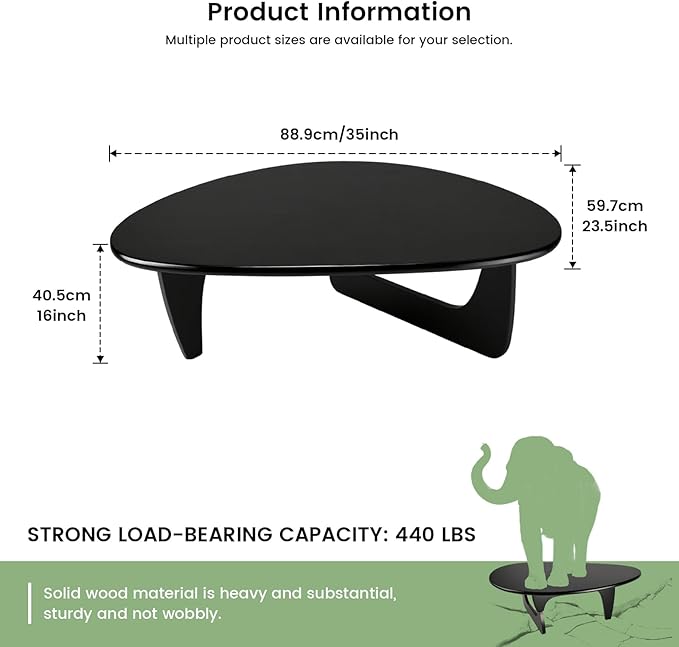Solid Wooden Modern Triangle Coffee Table: Unique Funky Coffee Tables for Living Room, Oval Mid-Century Irregular Abstract Tea Tables for Patio Office Balcony Bedroom (Black, 35" L x 24" W x 16" H)