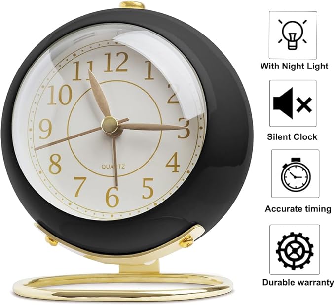 SHISEDECO Small Tableclocks Classic Non-Ticking Tabletop Alarm Clock with Backlight, Battery Operated Astronaut Deskclock with HD Glass for Living Room Bedroom Bedside Indoor Decor (Black Gold)