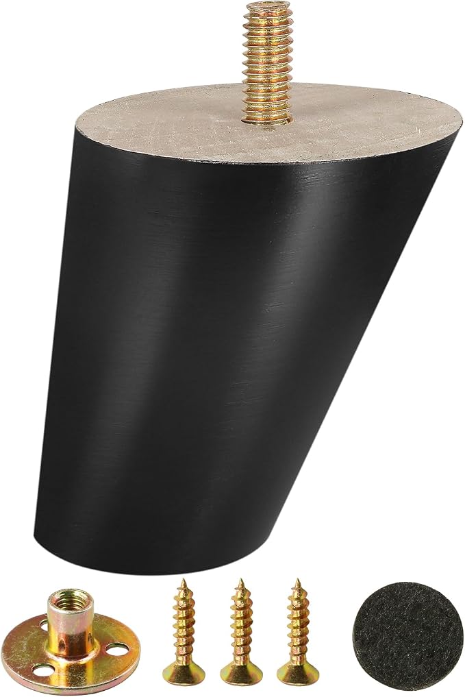 FoDau770 Black Rubber Wood Furniture Legs 4 Inches, 5/16" UNC Slant Tapered Wood Feet Mid Century Sofa Legs, Wooden Furniture Feet Replacement Parts for Cabinet Couch Dresser Chair Ottoman Table