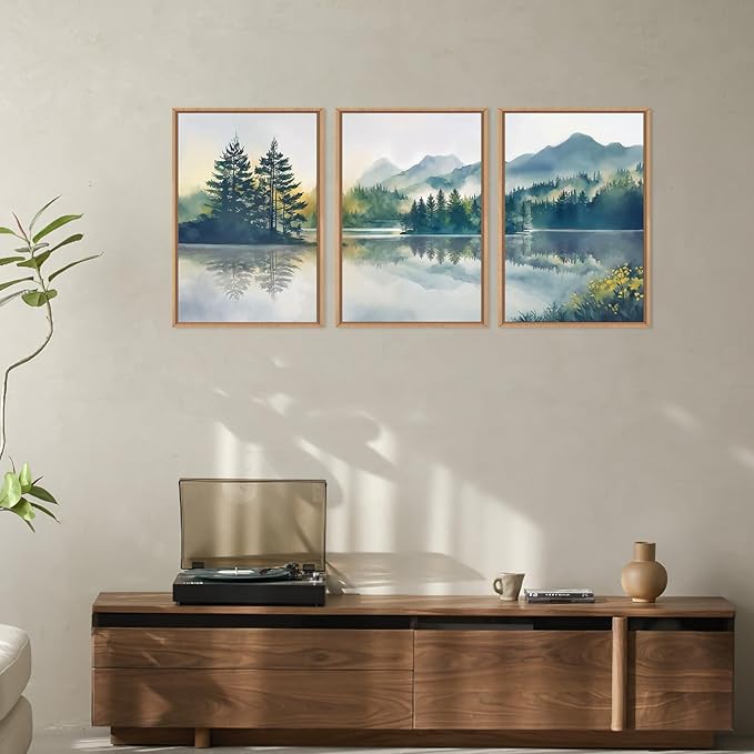 HPNIUB Large Green Mountain Framed Canvas Wall Art Set, Nature Foggy Forest Lake Reflection Wall Decor,Modern Pine Tree Artwork,Watercolor Landscape Art Print for Living Room,Bedroom,Office-16 x24 x3