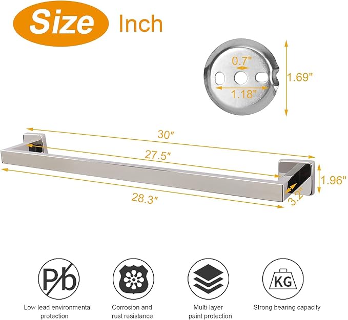 TocTen Bath Towel Rack - Square Base Thicken SUS304 Stainless Steel Towel Bar for Bathroom, Bathroom Accessories Towel Rod Heavy Duty Wall Mounted Towel Holder. (Chrome, 30)