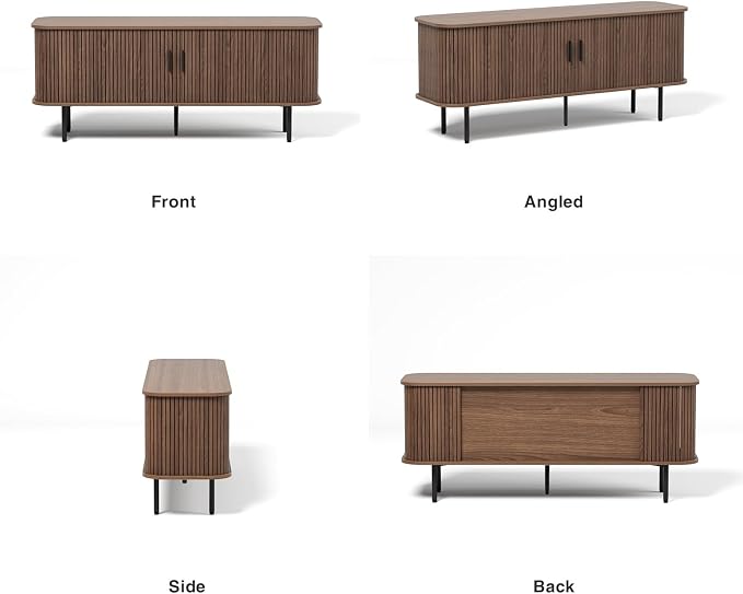 55''W Walnut Cabinet with Storage, Media Console, Tambour TV Stand, Television Stands with Curvy Edge; Sliding Door, Fluted Cabinet, Buffet Sideboard, Credenza, Table Stand for Living Room, Kitchen