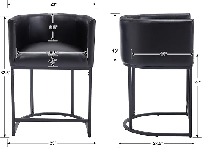 PU Leather Bar Stools Set of 4, Modern Upholstered Counter Height Bar stools 24" Leather Barstools Barrel Kitchen Counter Island Stools with Black Metal Base, Black