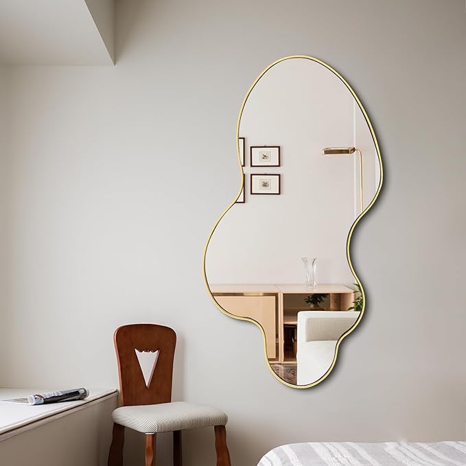 Irregular Mirror, 46.5"x24" Asymmetrical Mirror, Gold Metal Frame Abstract Wall Mirrors Decorative, Modern Odd Shaped Mirrors for Living Room Bathroom Bedroom Hallway Entryway Fireplace