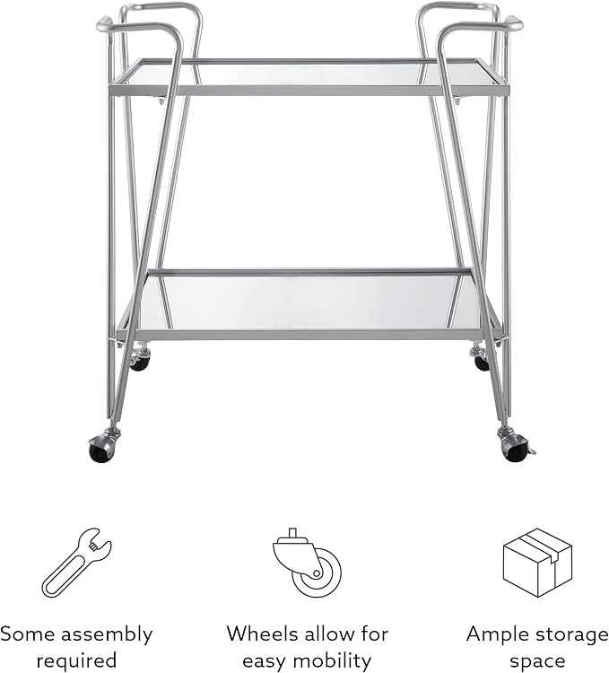 Linon Gina Silver Mid Century Bar Cart with Mirrored Shelves on Locking Castors