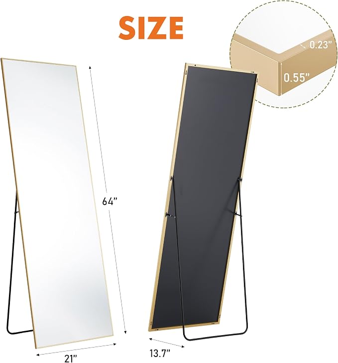 OLIXIS 64"x 21.5" Mirror Full Length, Full Body Mirror with Stand, Hanging or Leaning for Wall, Floor Standing with Shatter-Proof Glass for Bedroom, Living Room, Long, Gold