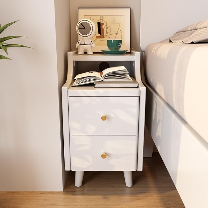 Narrow Nightstand with 2 Drawers,White Nightstand,Bedside Table,Solid Wood Modern Bedside Table for Bedroom,Study,Toilet