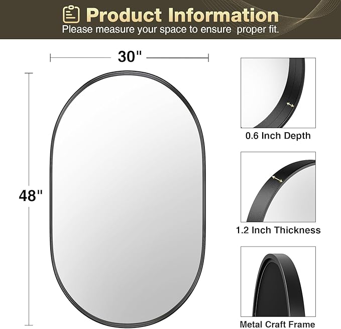 Brightify Black Oval Mirror for Wall, 48"x30" Bathroom Vanity Mirrors with Metal Framed, Modern Large Mirror for Bedroom Living Room Wall Decorative Hang Vertical and Horizontal