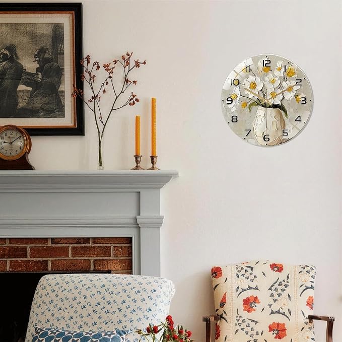 12 Inch White Floral Glass Wall Clock Silent Modern Art Decor | Silent glossy wall clock with an elegant impasto floral painting design, tracking time perfectly for your living room