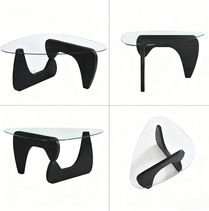 Modern Coffee Table for Living Room, 35.8" Minimalist Black Center Table with Triangle Tempered Glass & Sturdy Solid Legs, Unique Tea Tables, Cheap