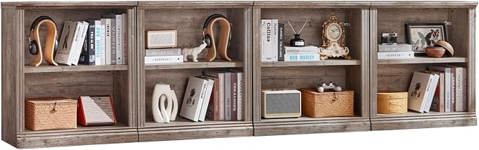 RWYHG 30" Grey Bookshelf Set of 4,2-Tier Thick Wood Book Shelf with Adjustable Shelve,Free Standing Farmhouse Bookcase with Open Display Storage,Floor Vintage Bookshelves for Living Room,Office