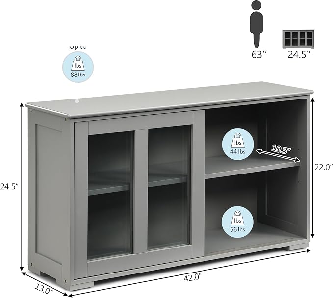 Sideboard Buffet Cabinet, Stackable Cupboard Storage Table with Adjustable Shelf & Glass Sliding Doors, Wooden Credenza Coffee Bar Cabinet for Kitchen/Dining Room/Living Room/Entryway (Grey)