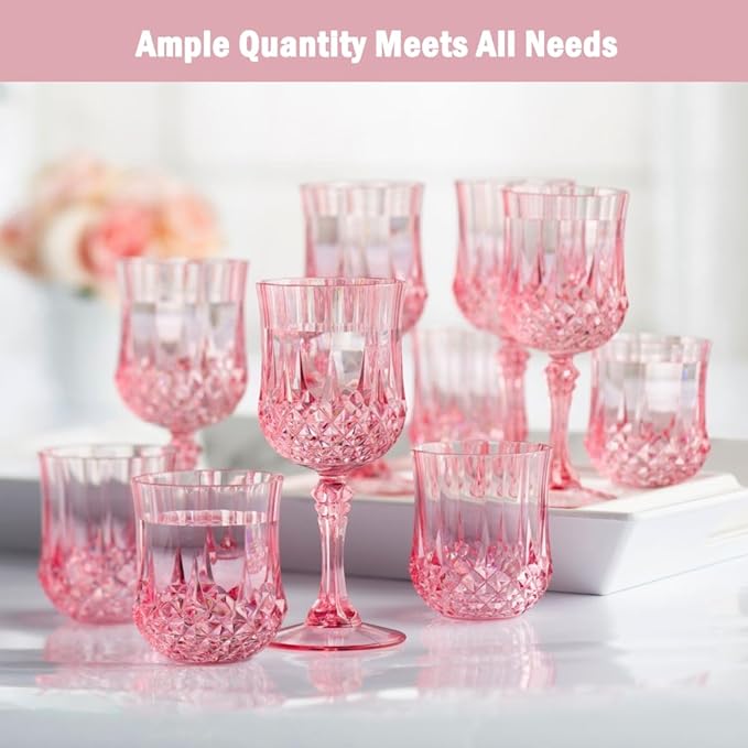 Plastic Wine Glasses, Plastic Goblets Vintage Style Cordial Drinking Glasses for Valentine’s Day, Wedding Reception, Grand Event Party Supplies (24, Pink)