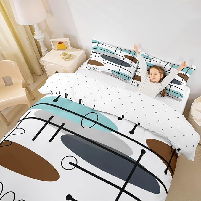 Erosebridal Mid Century Bed Set Modern Minimalist Duvet Cover, Hippie Old Fashion Bedding Set Full Abstract Artwork Comforter Cover, Aesthetic Lines Circles Bed Cover Teal White Grey (Zipper Closure)