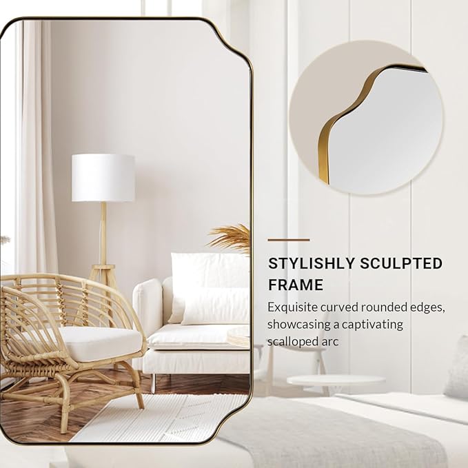 ANDY STAR 30"x48" Gold Bathroom Mirror, Large Scalloped Wall Mirror, Brushed Brass Mirror in Anti-Rust Stainless Steel Metal, Unique Scalloped Edge Design Decorative for Bathroom, Powder Room