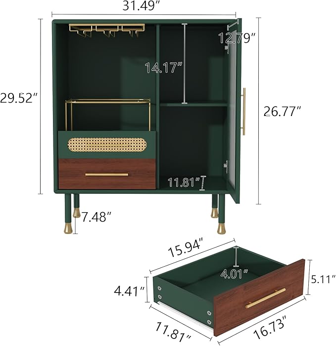 ARTPOWER Modern Coffee Bar Cabinet with Wine Glass Rack and Drawers, Green Liquor Cabinet with Pull-Out Wine Storage for Kitchen, Dining Room, Living Room | Wine Glass Rack, Drawers