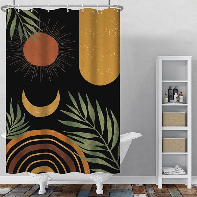 Black Mid Century Boho Shower Curtain for Bathroom Green Leaves Arch Sun Moon Shower Curtains Bohemian Abstract Bathroom Decor Set Washable Waterproof Polyester Fabric with Hooks 48x72 Inch