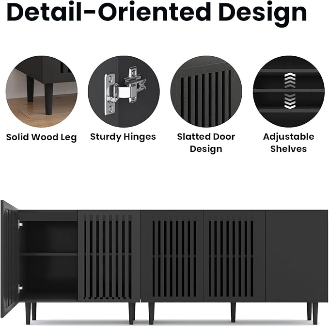 CHUWELL Modern TV Stand, 78.7" Storage Cabinet with 5 DIY Doors and Adjustable Shelf, Sideboard Coffee Bar Cabinet with Solid Wood Feet for Kitchen,Dining Room,Living Room,Black