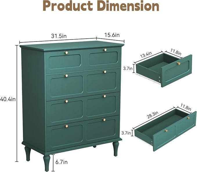 ARTPOWER 5 Drawers Dresser for Bedroom, 40" Tall Wood Mid Century Modern Chest of Drawers, Closet Clothes Storage Organizer for Living Room, Hallway, Entryway, Green