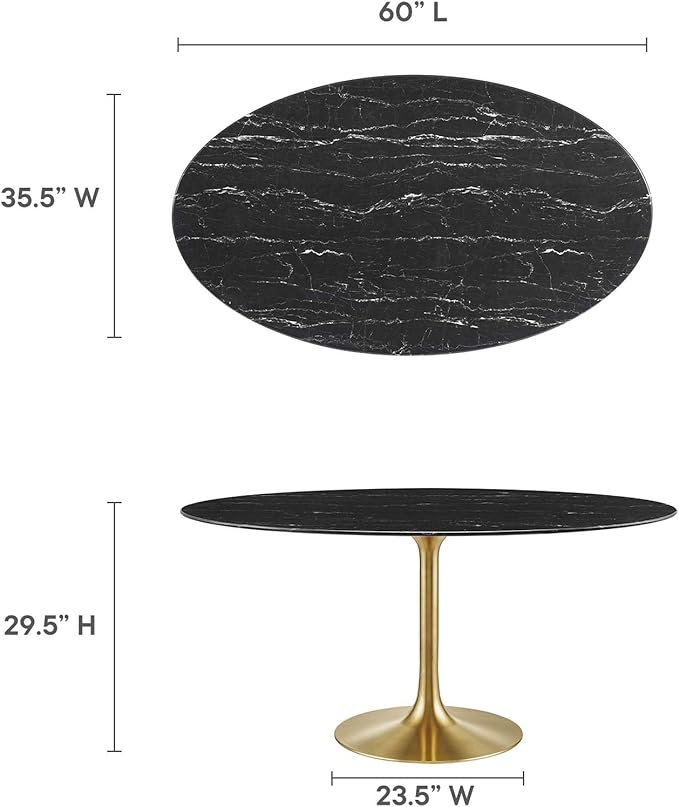 Modway Lippa Oval 60" Artificial Marble Mid-Century Modern Dining Table, Gold Black