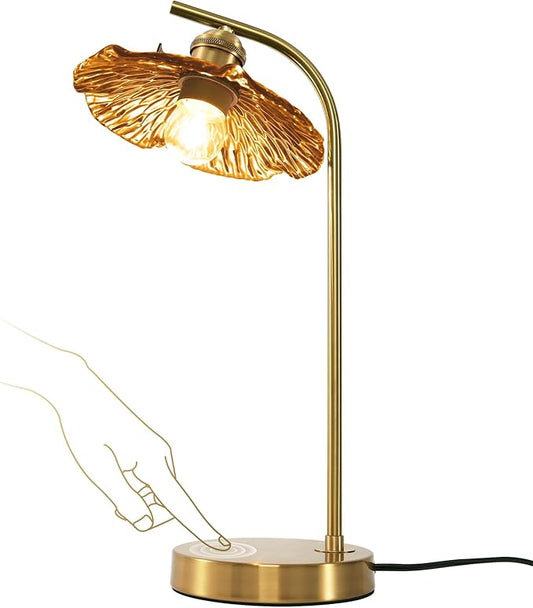Modern Table Lamp Gold Table Lamp Mid Centry Table Lamps Touch Bedside Lamp Glass Bedside Lamp with Amber Flower Shade Vintage Desk Lamp Small Nightstand Lamps for Bedroom Living Room Office