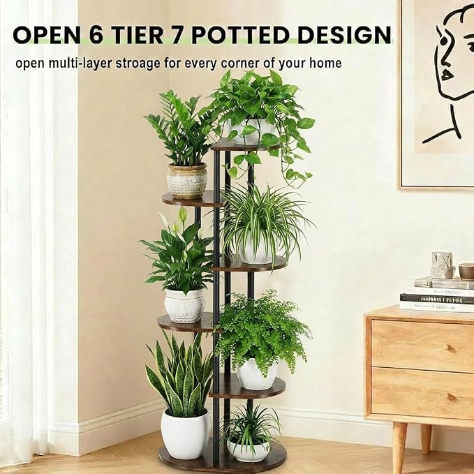 Tiered Plant Stand Indoor, Tall 6 Tier 7 Potted Wooden Plant Shelf for Multiple Flower Plants, Multi Corner Metal Plant Holder Indoor for Patio Garden Patent Design Living Room Balcony Bedroom, Rustic Brown