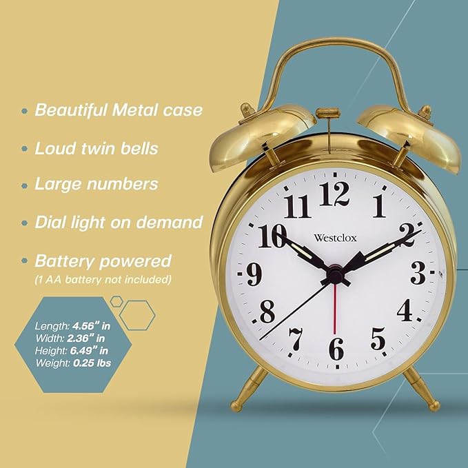 Westclox Big Ben Twin Bell Alarm Clock | Loud Alarm Clock for Heavy Sleepers | Battery Operated Clock with Backlight for Bedside Table, Bedroom, Kids Room, Desk (Gold, 4")