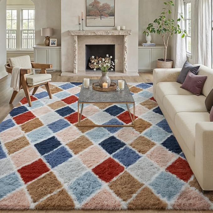 8x10 Checkered Rug for Living Room Rainbow Modern Soft Area Rug Fluffy Non-Slip Carpet for Bedroom Playroom Home Aesthetic Decor
