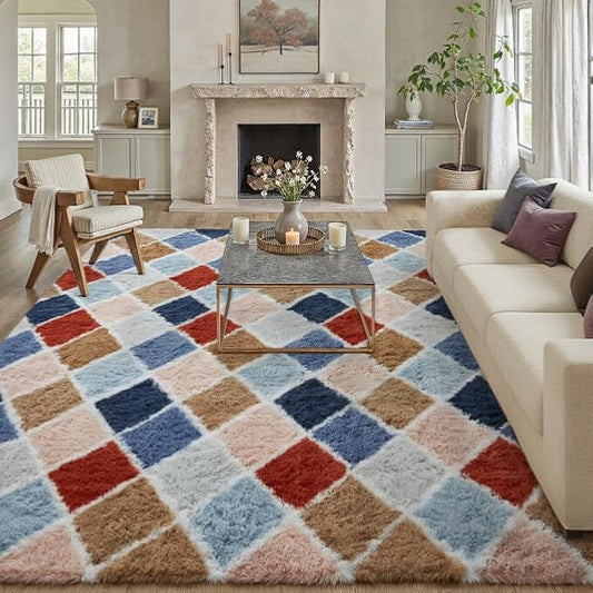 8x10 Checkered Rug for Living Room Rainbow Modern Soft Area Rug Fluffy Non-Slip Carpet for Bedroom Playroom Home Aesthetic Decor