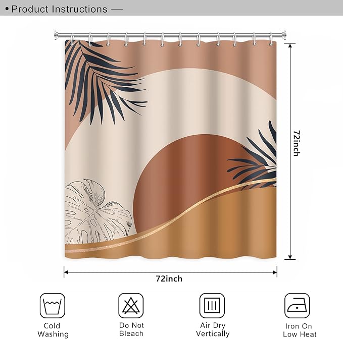 Abstract Mid Century Boho Bathroom Shower Curtain - Orange Sun Eucalyptus Leaves With Hooks, Waterproof Fabric Polyester for Aesthetics Home Decor, 72x72 Inch