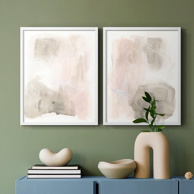 Renditions Gallery Set of 2 Peel & Stick Framed Prints, Watercolor Abstract Wall Art, Nude Color Neutral Aesthetic Wall Decor, Re-Stickable - Ready to Hang - 22"x28" - White Frame LT588