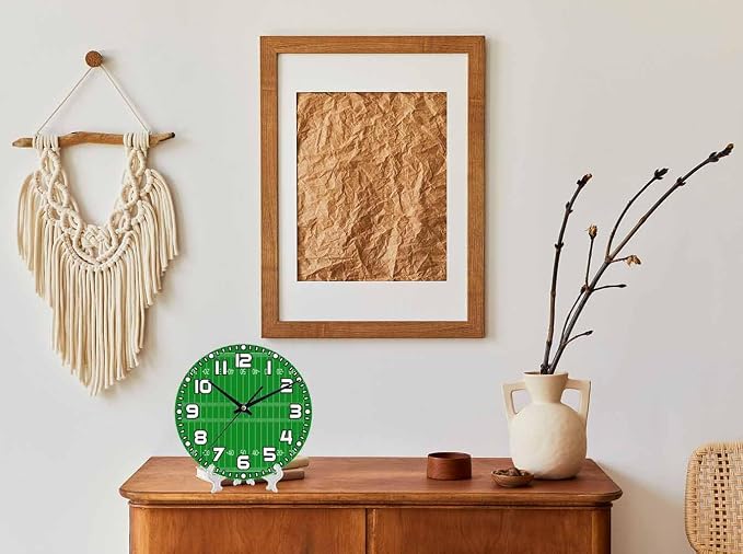 American Football Field Wall Clock 10 inch Round Silent Non Ticking Wood Wall Clocks Battery Operated Easy to Read Decorative Wall Clock for Bedroom Kitchen Living Room Bathroom