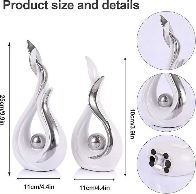 2PCS Abstract Flame Ceramic Sculpture Set – Modern Figurines for Living Room Table Centerpiece, Dining Table Decor, Bedroom Table Decor, Shelf Sculpture, Fireplace, and Home Decoration (White Silver)