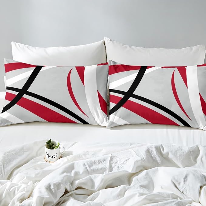 Geometric Circle Duvet Cover Modern Retro Grommet Bedding Set for Kids Boys Girls Decor Grey Red Black White Stripes Comforter Cover Abstract Stripe Line Art Bed Set 2Pcs Twin Size (No Comforter)