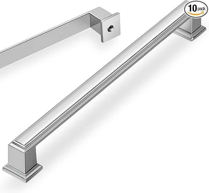 Lardmon 10 Pack 10 Inch(254mm) Hole Center Polished Chrome Modern Cabinet Pulls Kitchen Cabinet Handles Kitchen Cabinet Hardware Timeless Drawer Pulls for Dresser Cupboard Wardrobe, Chrome(10x10)