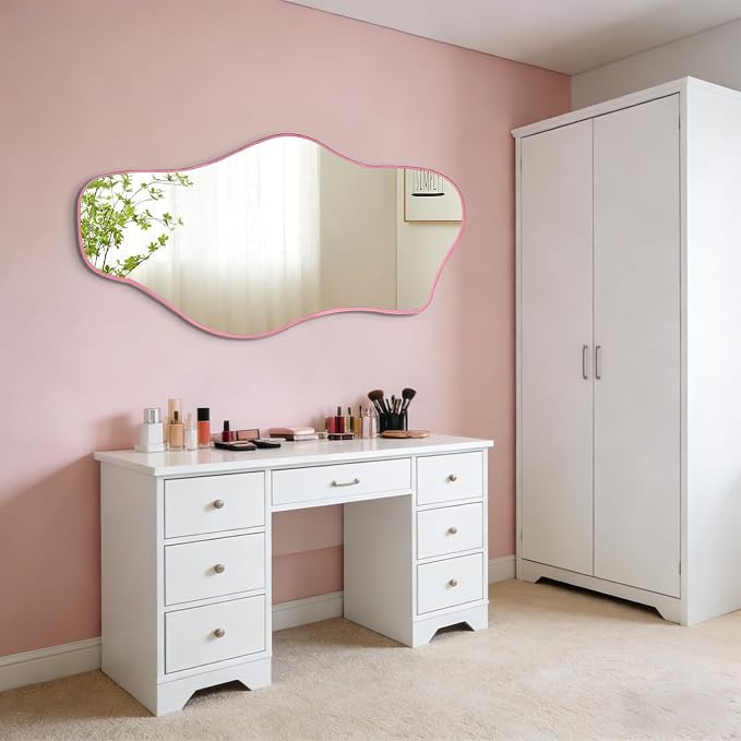 Large Irregular Mirror, 54.5"x24" Pink Asymmetrical Tempered Glass Mirror, Frameless Organic Shaped Mirrors for Entryway Hallway Bedroom Living Room, Horizontal or Vertical Hanging