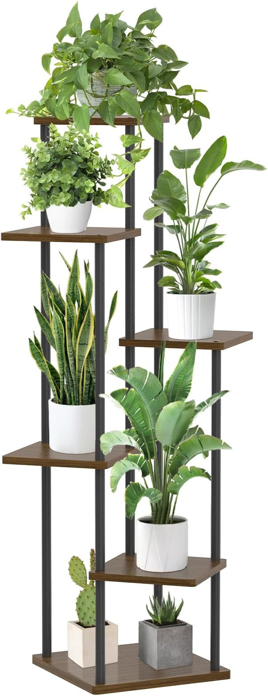 6 Tier Plant Stand Indoor Outdoor, Tall Metal Wood Muti-Level Planter Shelf Holder, Sturdy Large Vertical Corner Orchid Flower Pot Display Rack for Narrow House Decor Office Living Room Bedroom, Oak