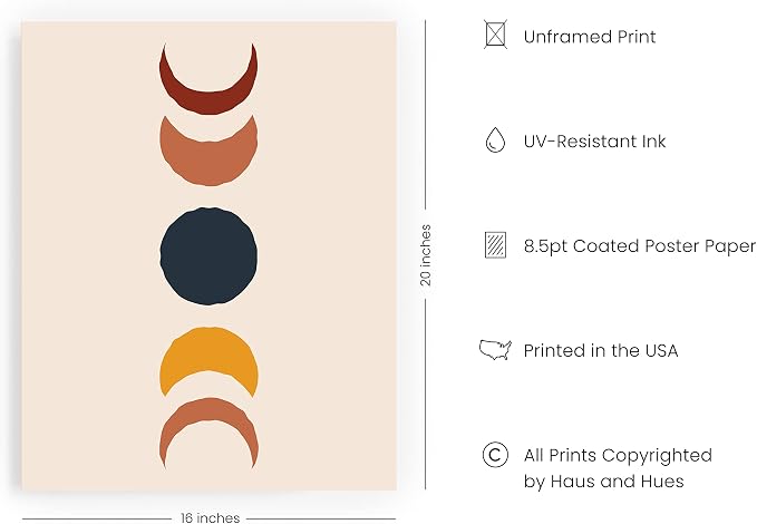 HAUS AND HUES Moon Phases Wall Art Boho Prints, Mid Century Modern Decor, Colorful Moon Transition Print for Bedroom, Living Room, Unframed 16x20