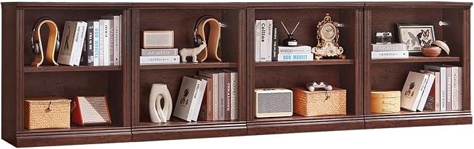 RWYHG 30" Walnut Bookshelf Set of 4,2-Tier Thick Wood Book Shelf with Adjustable Shelve,Free Standing Farmhouse Bookcase with Open Display Storage,Floor Vintage Bookshelves for Living Room,Office
