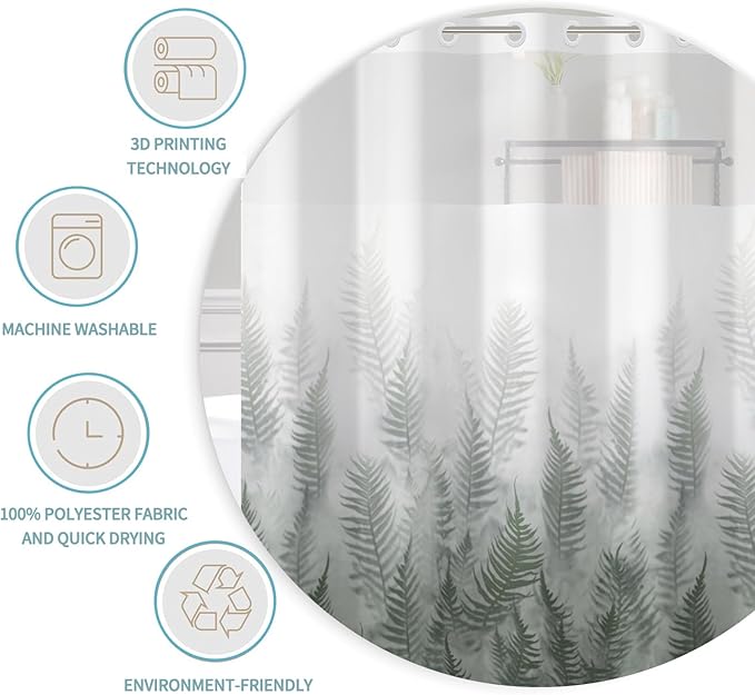 Fern Leaves Shower Curtain with Snap in Liner Gradient White Green Fabric Cloth Bath No Hook Shower Curtains with Mesh Top Window Waterproof Bathroom Curtain Set 71Wx74H