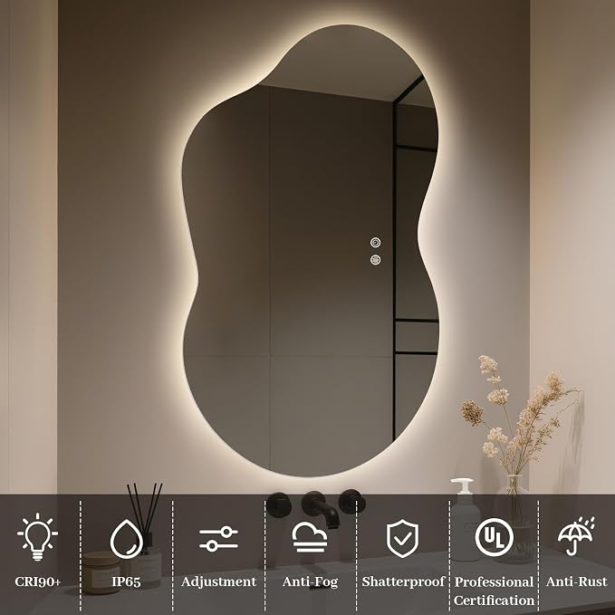 WallBeyond 36"x24" Irregular LED Bathroom Mirror with Lights, Asymmetrical Backlit Vanity Mirror for Powder Room or Makeup Area, Dimmable & Anti-Fog, Dual Mounting