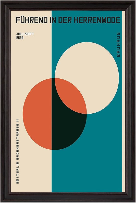 LZMXWX Vintage FüHrend In Der Herrenmode German Text Poster Geometric Orange Circle Canvas Wall Art Bauhaus 1923 Exhibition Prints For Home Bedroom Dorm Wall Decor 16x24in Black Framed Raised