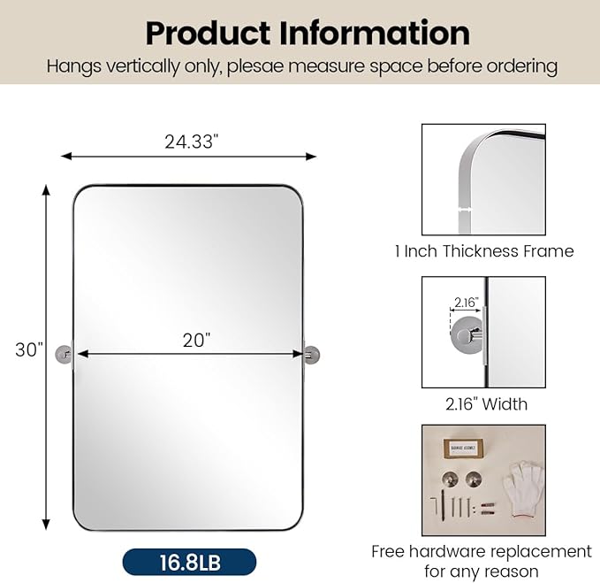 MOON MIRROR Chrome Pivot Rectangle Bathroom Mirror, Modern Tilt Rounded Rectangular Pivoting Vanity Mirrors for Wall, Stainless Steel Metal Polish Frame, Overall 24.33 x 30 in (Mirror 20 x 30 in)