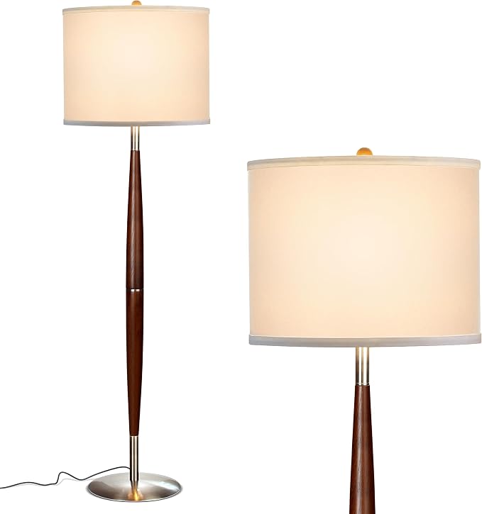 Brightech Lucas LED Floor Lamp, Modern Light for Living Rooms & Offices, Great Living Room Décor with Drum Shade & Handsome Wood Finish, Bohemian Standing Lamp for Bedroom Reading