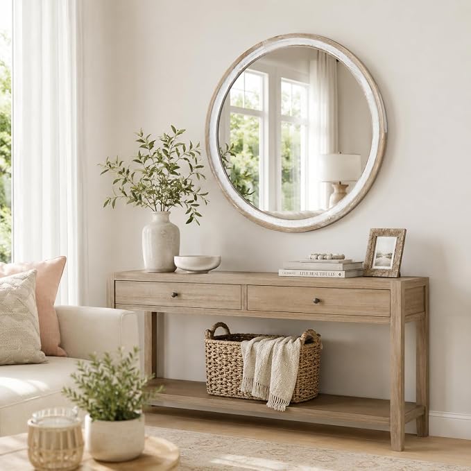 Reflinto 24 Inch Rustic Farmhouse Round Mirror for Wall Decor, | Whitewashed Wooden Circle Mirrors for Bathroom Over Sink, Bedroom, Entryway, Living Room, Kitchen, Office